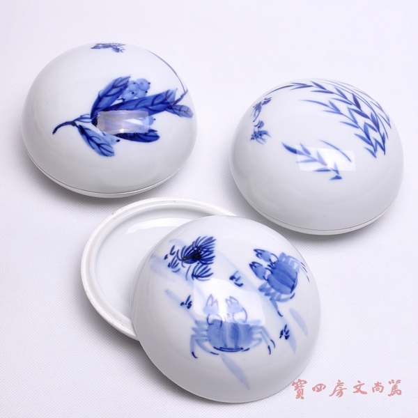 青花包顶印泥盒 手绘青花包顶印泥瓷缸直径11cm